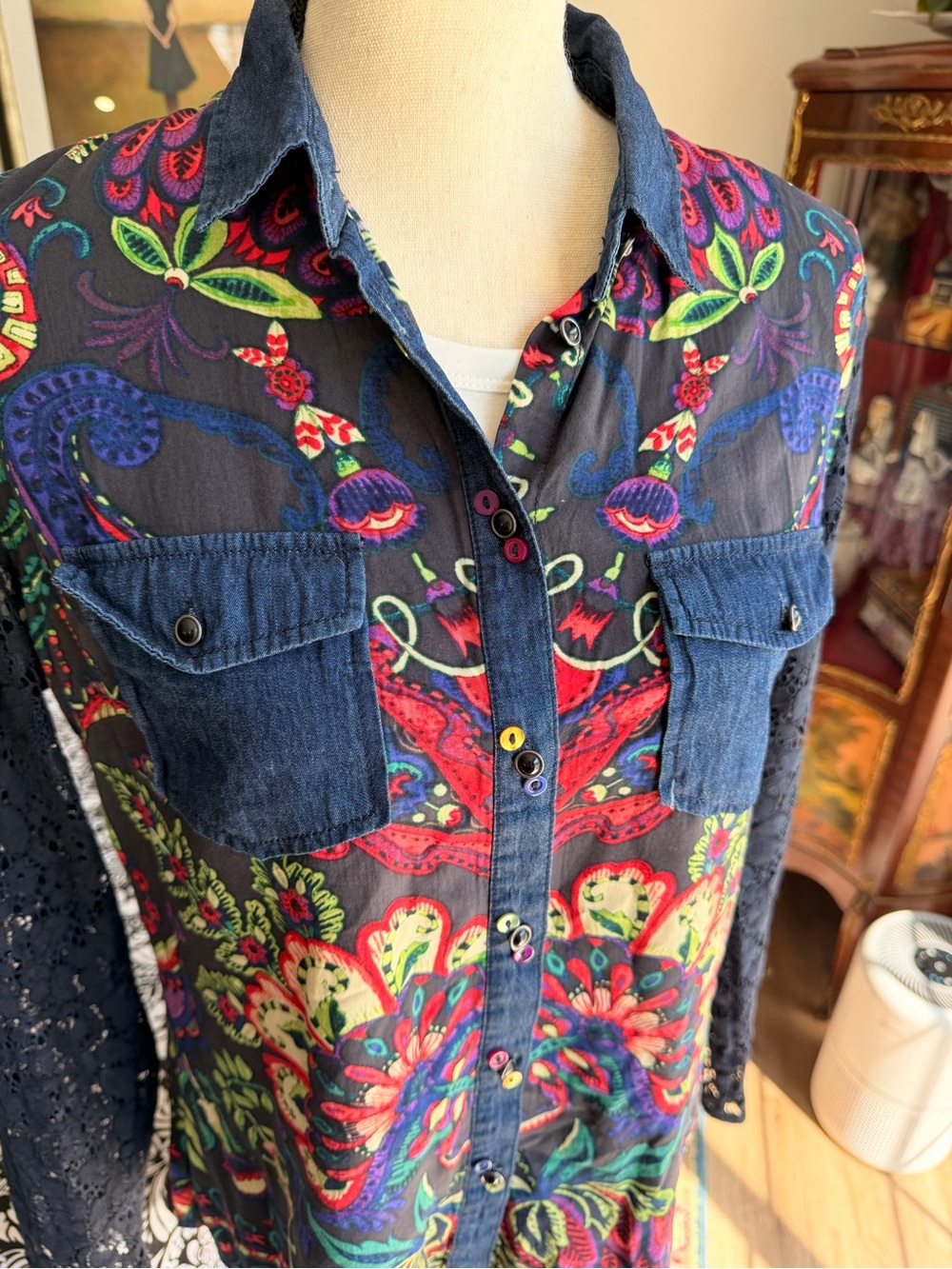 Desigual Floral Paisley Sheer Denim Lace Sleeve Button Shirt - Picture 7 of 8